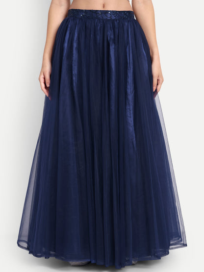 Elegant Women Flared Maxi Net Skirt navy blue