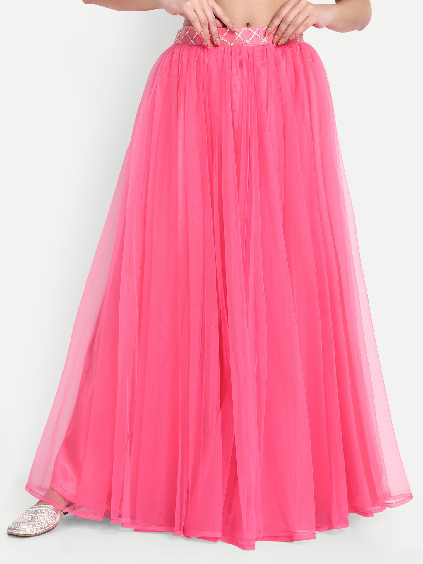 Elegant Women Flared Maxi Net Skirt pink