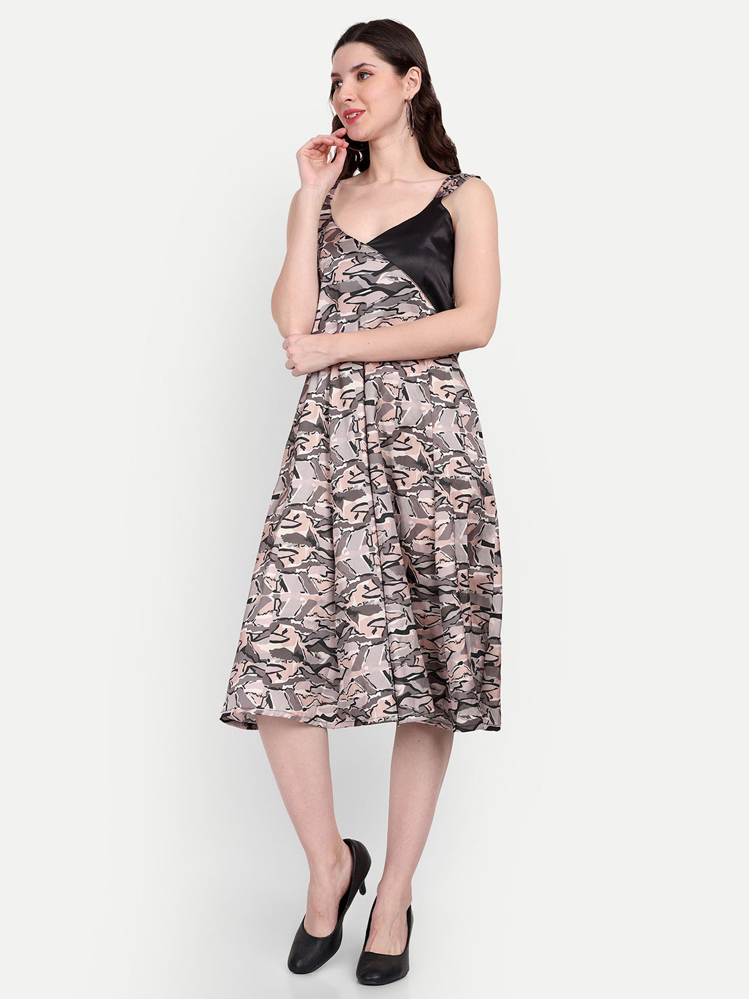 Elegant Women Printed Silk Fit & Flare Dress – Stylish Casual & Festive Wear