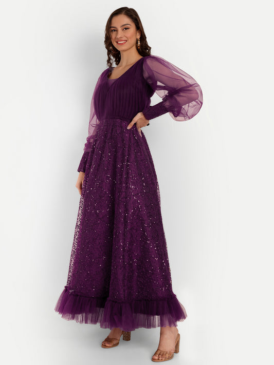 Royal Purple Sequin Net Anarkali Gown for Women