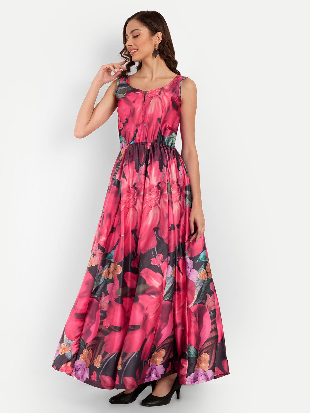 Elegant Women Floral Printed Sleeveless Satin Maxi Dress – Stylish Party, Vacation & Evening Wear