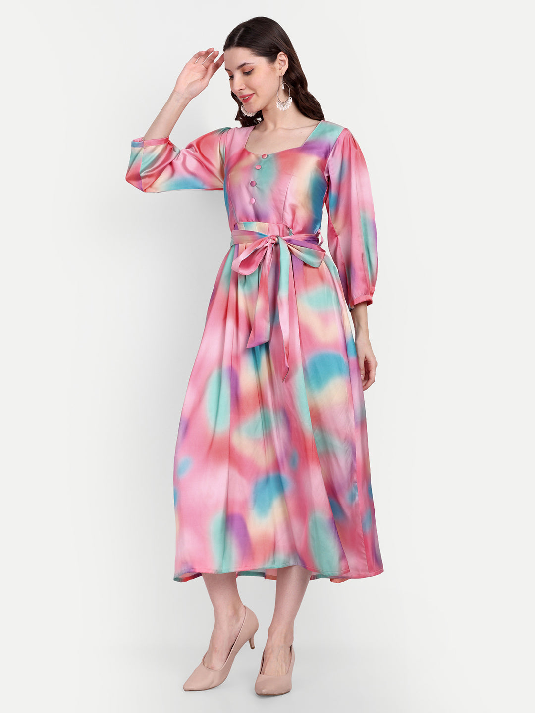 Elegant Women Printed Silk Maxi Fit & Flare Dress – Stylish Festive & Occasion Wear
