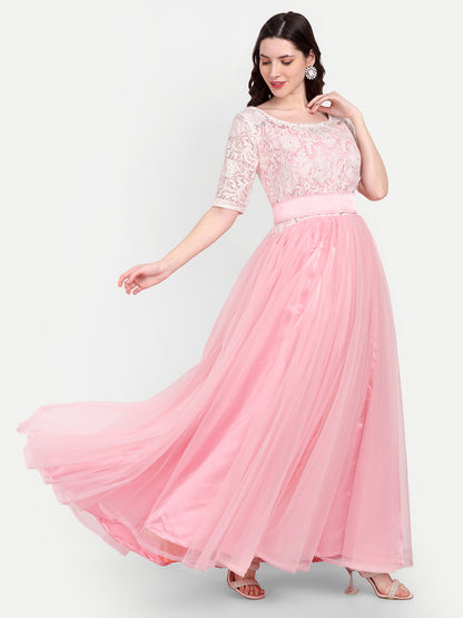Elegant Women Embellished Sequined Boat Neck Fit & Flare Maxi Dress – Designer Party & Evening Gown