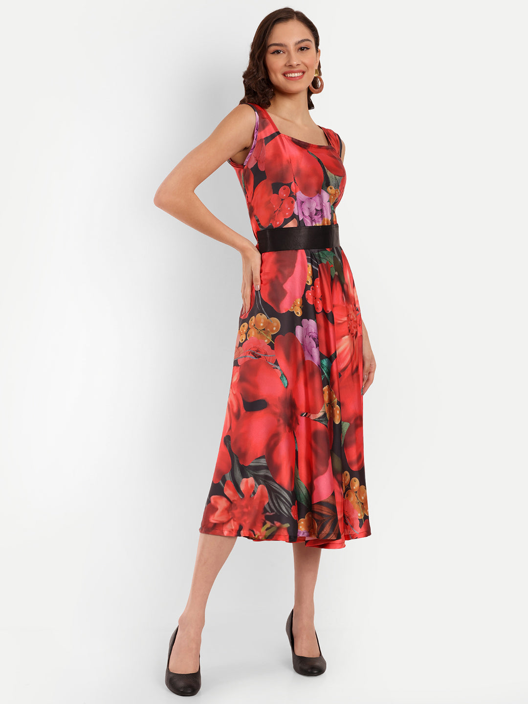 Elegant Women Printed Velvet Dress – Luxe Soft-Touch Party & Evening Wear red