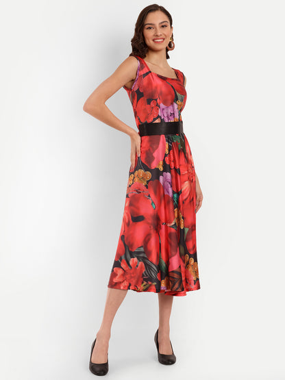 Elegant Women Printed Velvet Dress – Luxe Soft-Touch Party & Evening Wear red