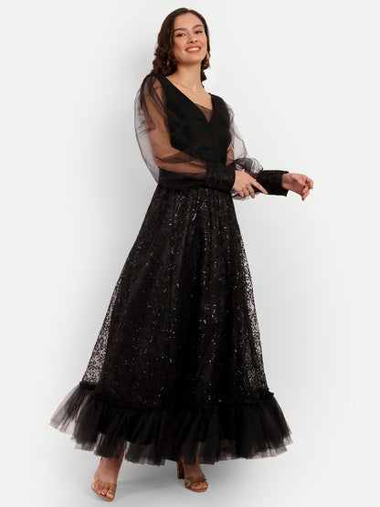 Elegant Women Ethnic Motifs Printed Silk & Net Dress – Festive & Party Wear