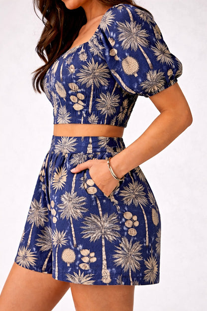 Trendy Women Floral Print Cord Set – Crop Top & Wrap Skort Co-Ord Set Navy blue floral