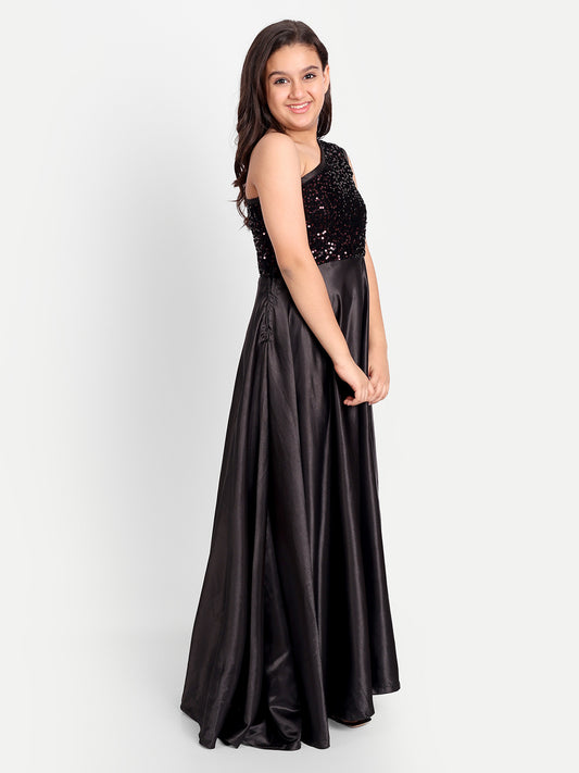 Girls Black One-Shoulder Sequin Party Gown