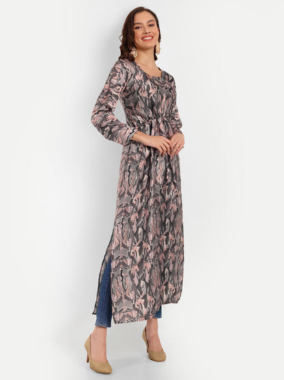 Elegant Women Abstract Printed Silk High Slit Kurta Dress – Round Neck Fusion Ethnic Wear