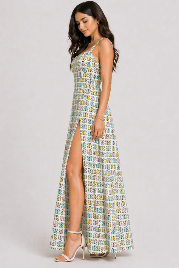 Women’s White Butterfly Print Maxi Dress with Front Slit