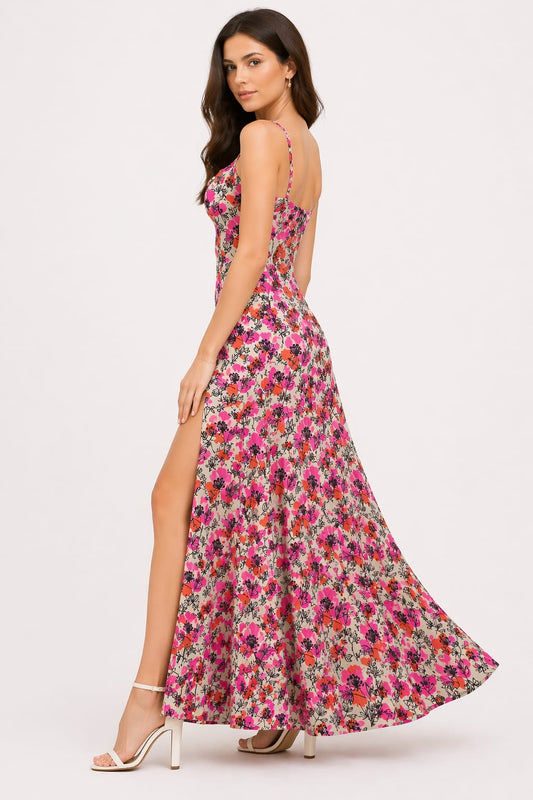 Pink Floral Print Side Slit Maxi Dress for Women – Elegant Sleeveless Summer Dress