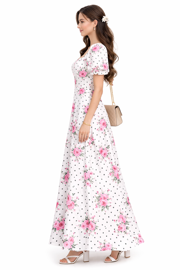 Blush Bloom Floral Maxi Dress for Women – White Pink Rose Print Puff Sleeve Long Dress