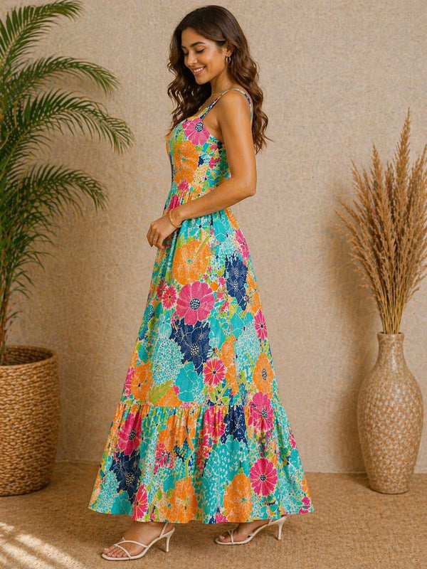 Multicolor Floral Printed Tiered Maxi Dress for Women – Sleeveless Summer Vacation Dress