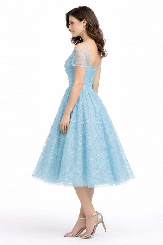 Dreamy Sky Blue Lace Midi Dress for Women