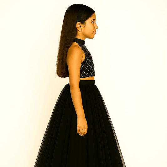 Girls Party Wear Set – Crop Top & Skirt Combo for Kids (black)
