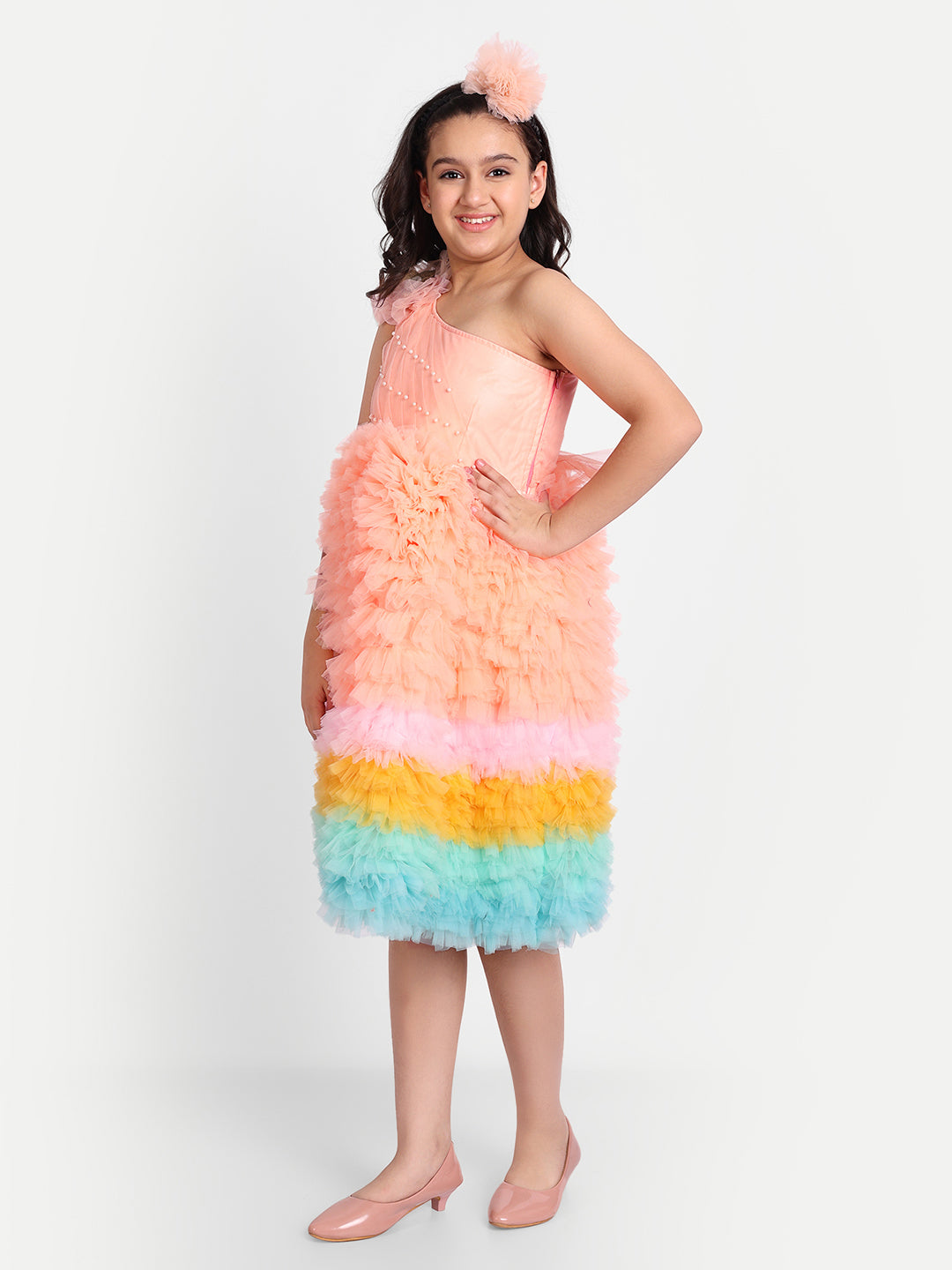 Peach Rainbow Layered Ruffle One-Shoulder Party Dress for Girls