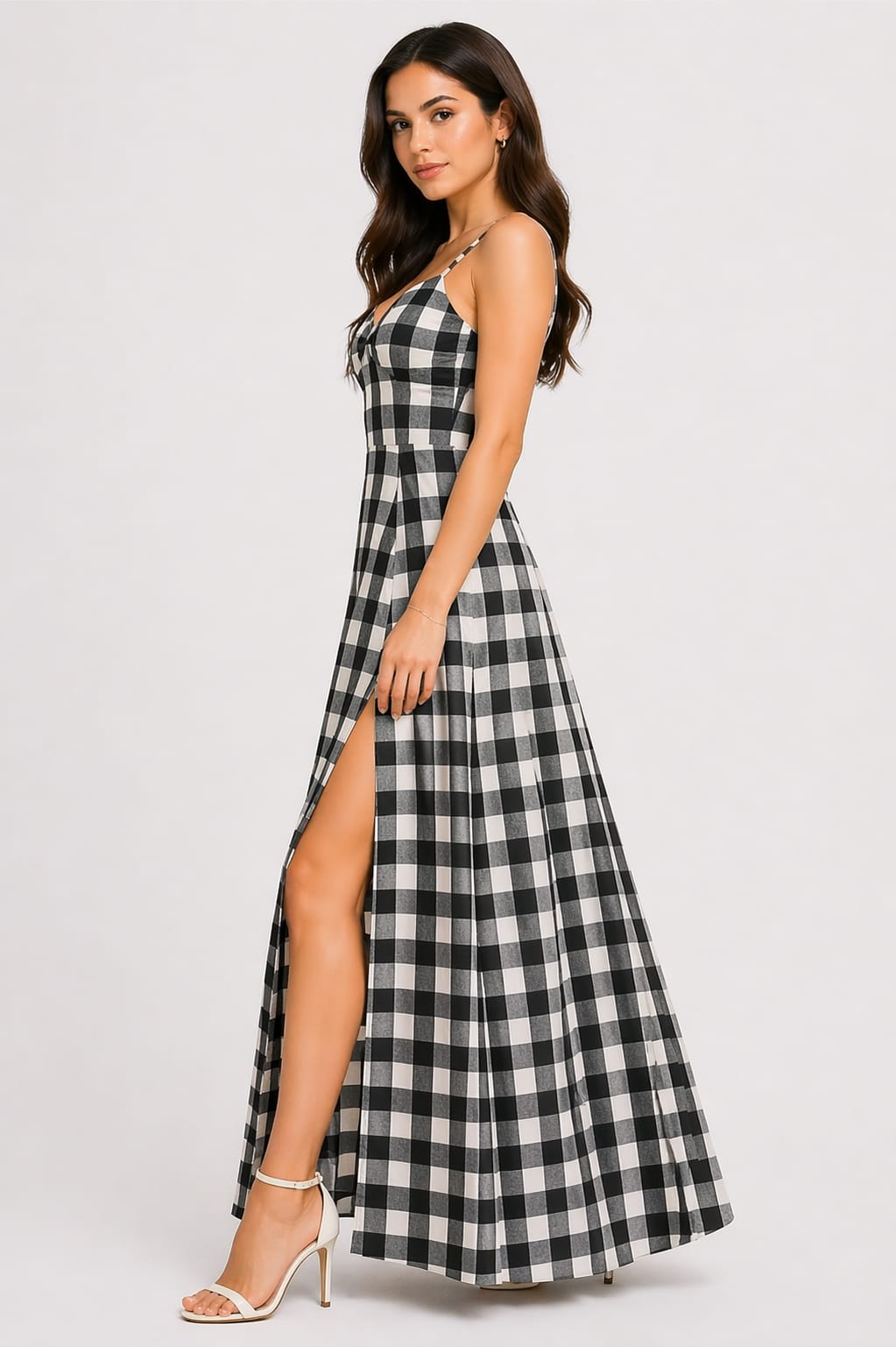 Black & White Gingham Side Slit Maxi Dress for Women – Sleeveless Checkered Party Dress