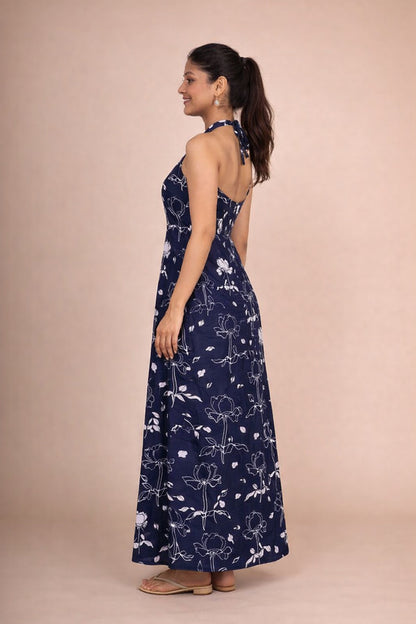 Navy Blue Floral Halter Neck Maxi Dress for Women – Elegant Sleeveless Summer Dress