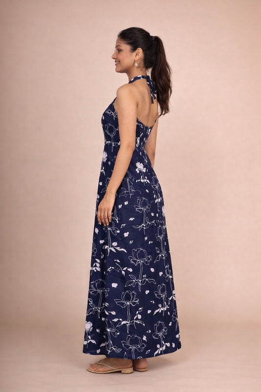 Navy Blue Floral Halter Neck Maxi Dress for Women – Elegant Sleeveless Summer Dress