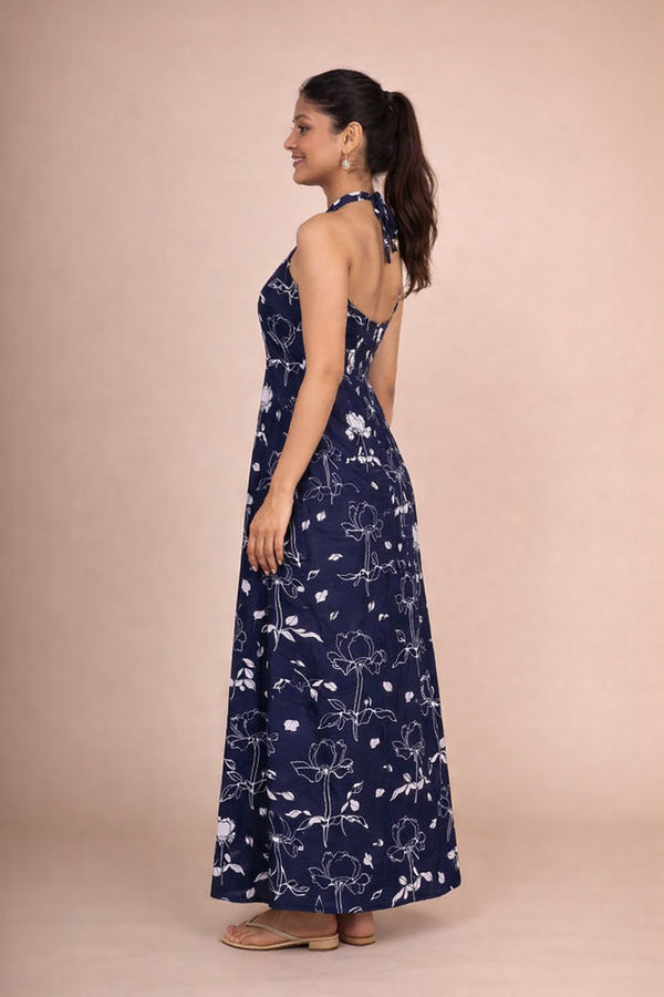 Navy Blue Floral Halter Neck Maxi Dress for Women – Elegant Sleeveless Summer Dress