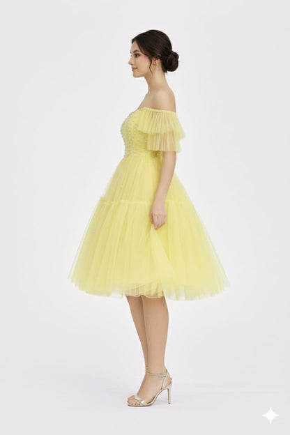 Butter Yellow Pearl Embellished Off-Shoulder Tulle Party Dress for Women