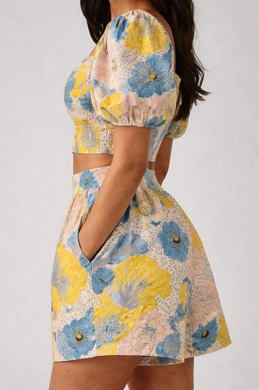 Yellow & Blue Floral Crop Top and Shorts Co-Ord Set for Women – Summer Casual Outfit