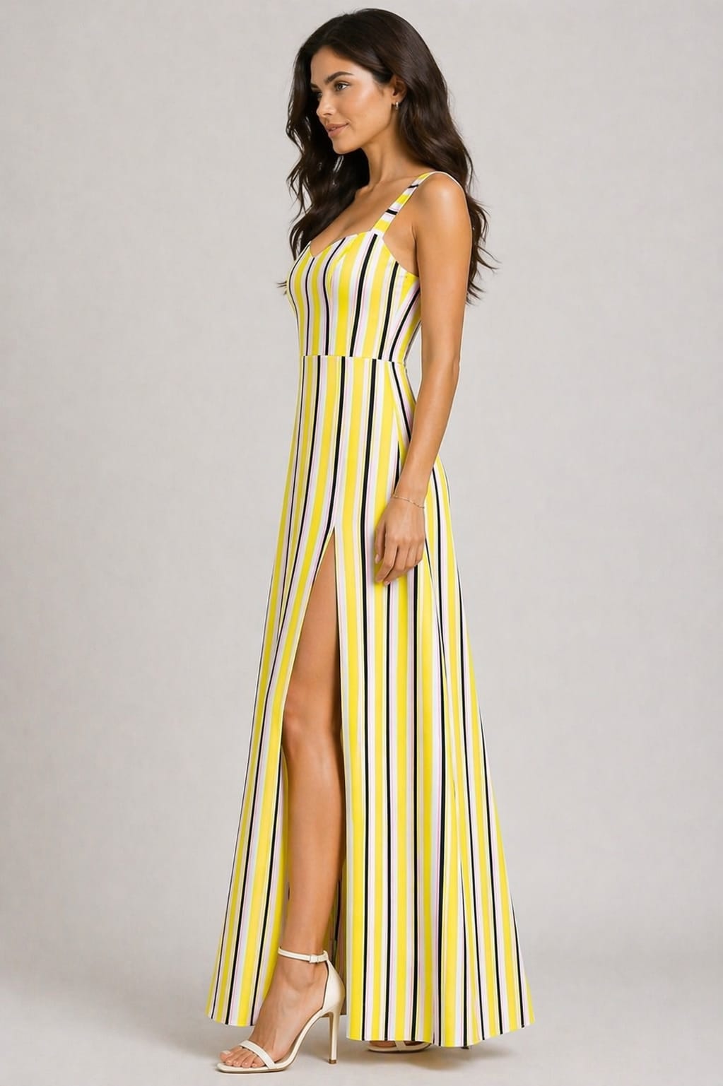 Chic Yellow Striped Maxi Dress with High Slit