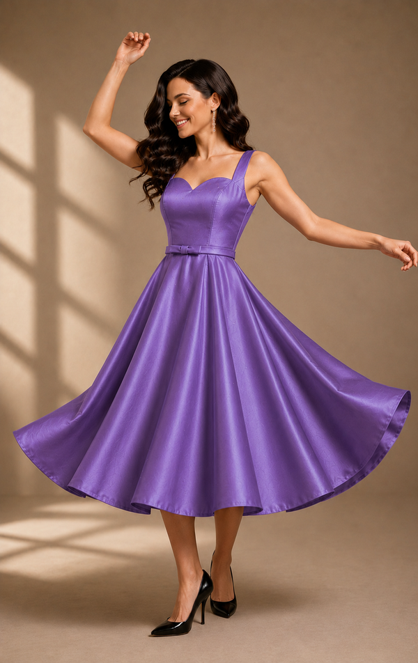 Women's Royal Purple Satin Fit & Flare Midi Dress | Sweetheart Neck A-Line Party Wear Dress