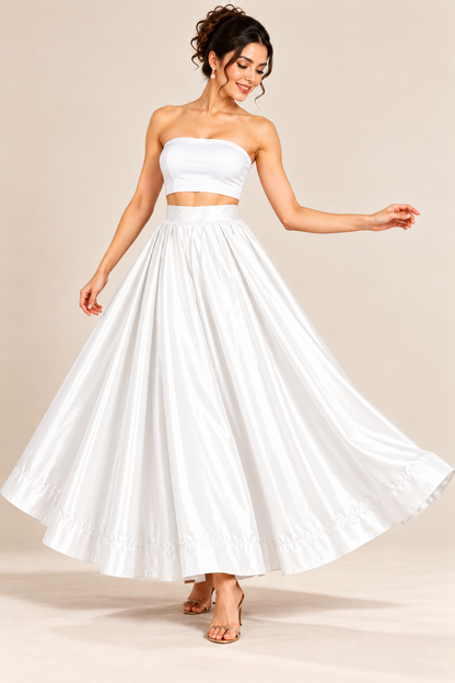 Women’s White Glass Satin Flared Maxi Skirt | High-Waist Pleated Full-Length Party Wear Skirt