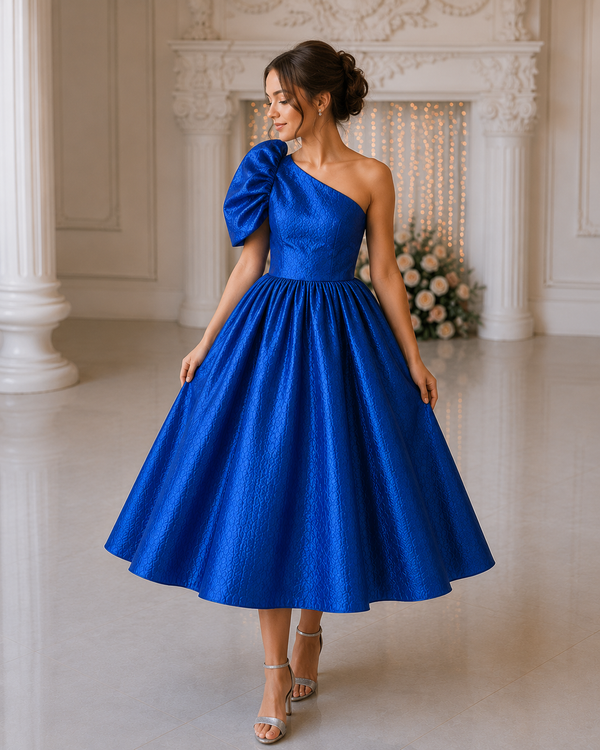 Royal Sapphire One-Shoulder Midi Party Dress for Women