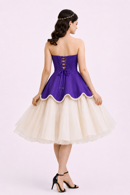 Women's Royal Purple Strapless Fit & Flare Midi Dress | Pearl Trim Layered Tulle Party Dress