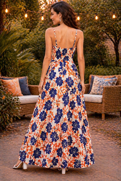 Ivory Blue & Orange Floral Slit Maxi Dress for Women