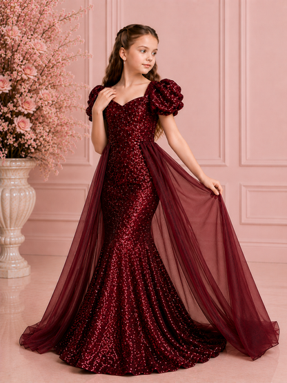 Royal Burgundy Sequin Mermaid Gown with Detachable Cape
