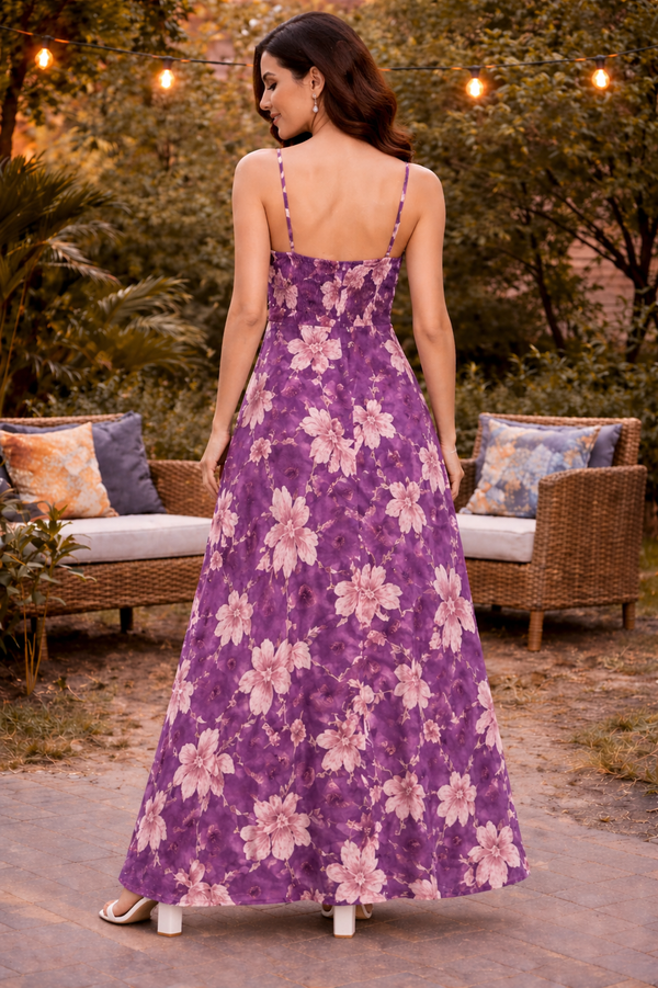 Lavender Blossom Floral Slit Maxi Dress for Women