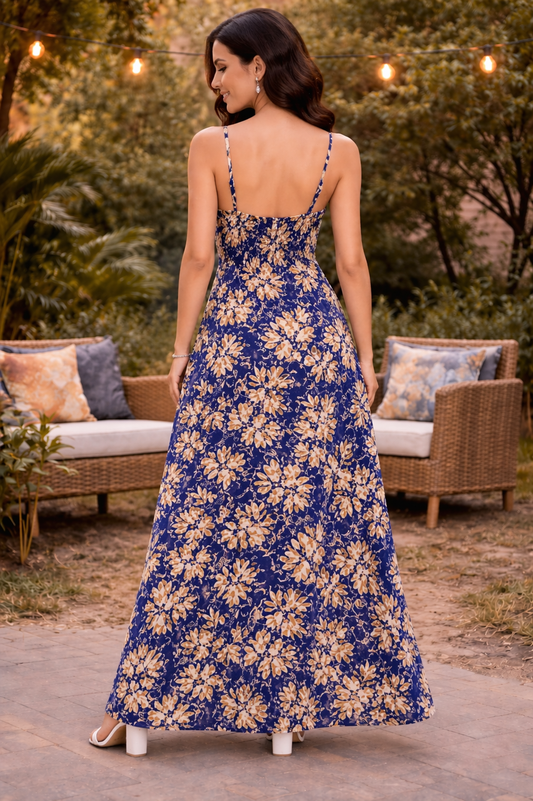 Midnight Blue Floral Slit Maxi Dress for Women