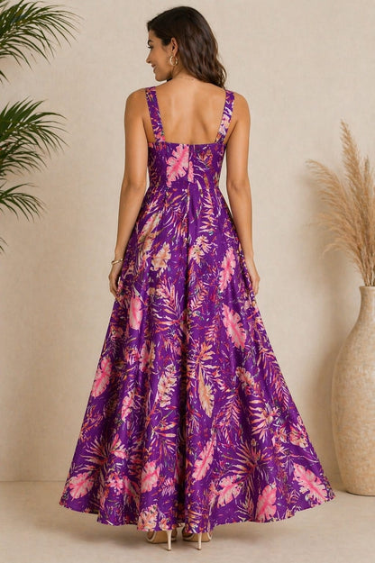 Women’s Purple Tropical Print Maxi Dress with Front Slit