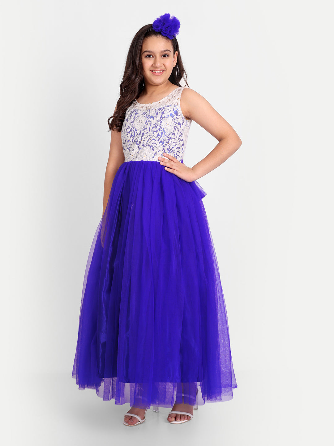 Royal Purple Party Wear Gown for Girls with Lace Embroidery
