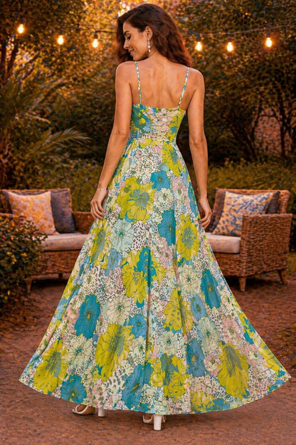 Blue & Yellow Floral Side Slit Maxi Dress for Women – Elegant Summer Vacation Dress