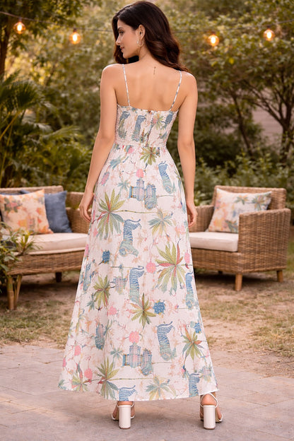 Tropical Paradise Printed Side Slit Maxi Dress for Women – Sleeveless Summer Vacation Dress