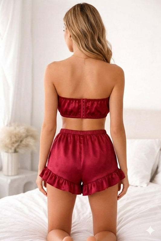 Luxury Women Satin Lounge Set – Strapless Tube Top & Ruffle Shorts Night Suit Red