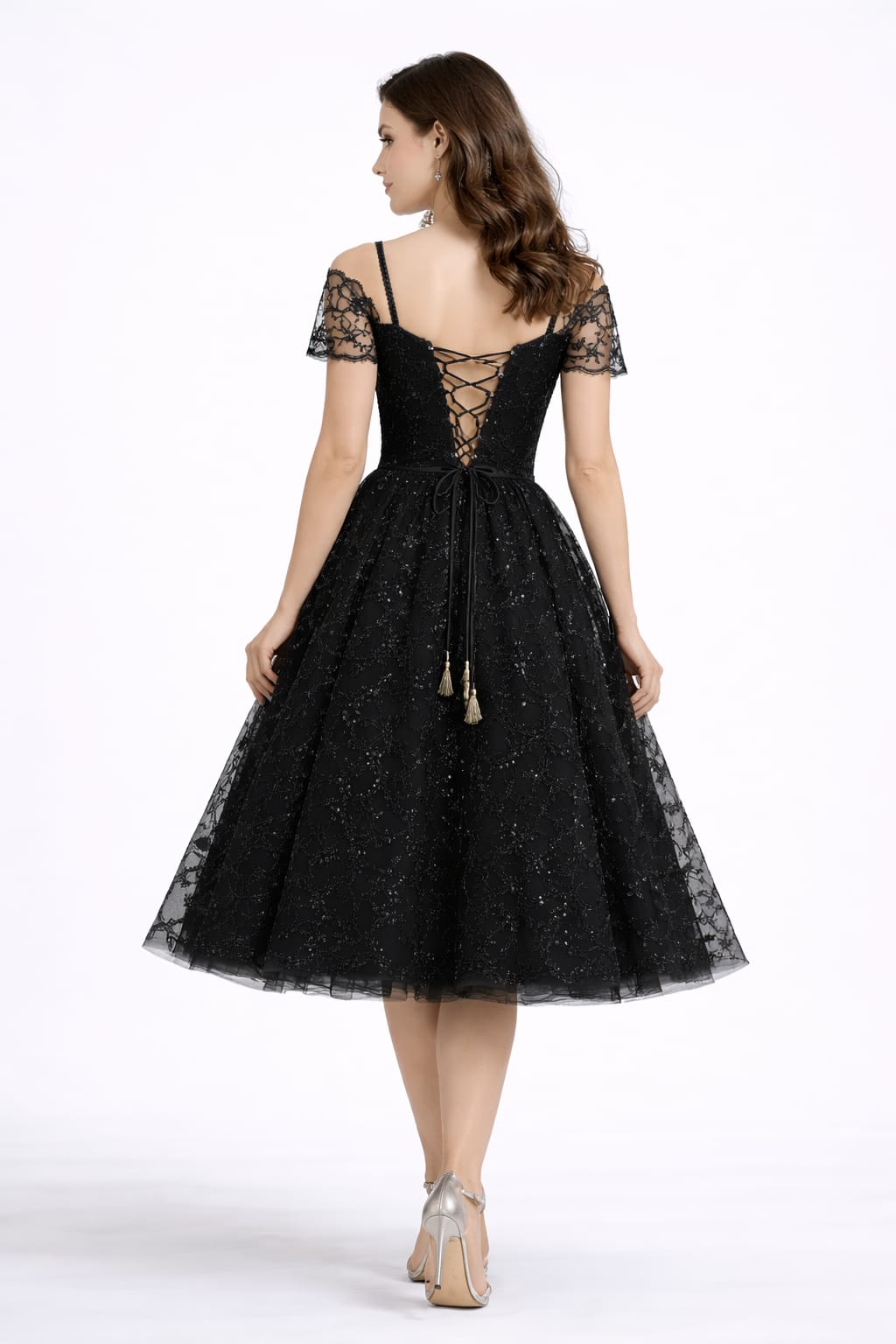 Elegant Women Floral Embroidered Net Fit & Flare Midi Dress – Party & Occasion Wear Black