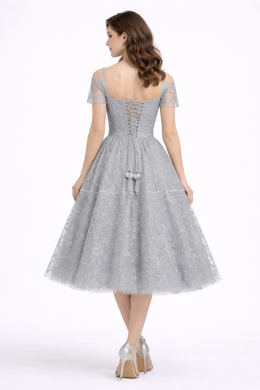 Elegant Women Floral Embroidered Net Fit & Flare Midi Dress – Party & Occasion Wear Grey