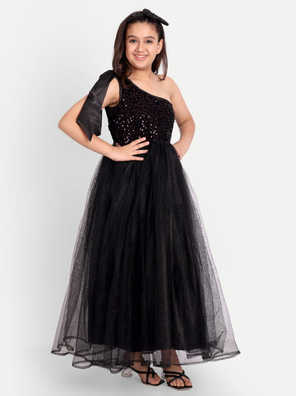 Elegant Black One-Shoulder Sequin Party Gown for Girls