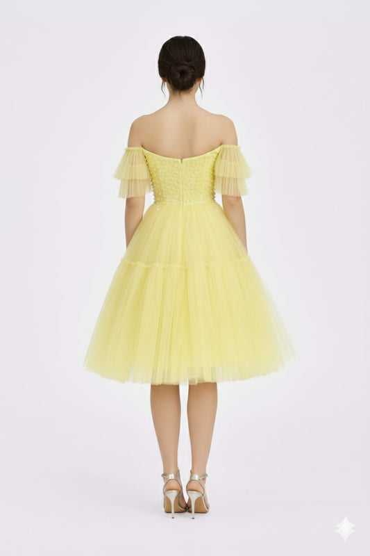 Elegant Women Off-Shoulder Flutter Sleeve Net Fit & Flare Dress – Party & Evening Wear yellow