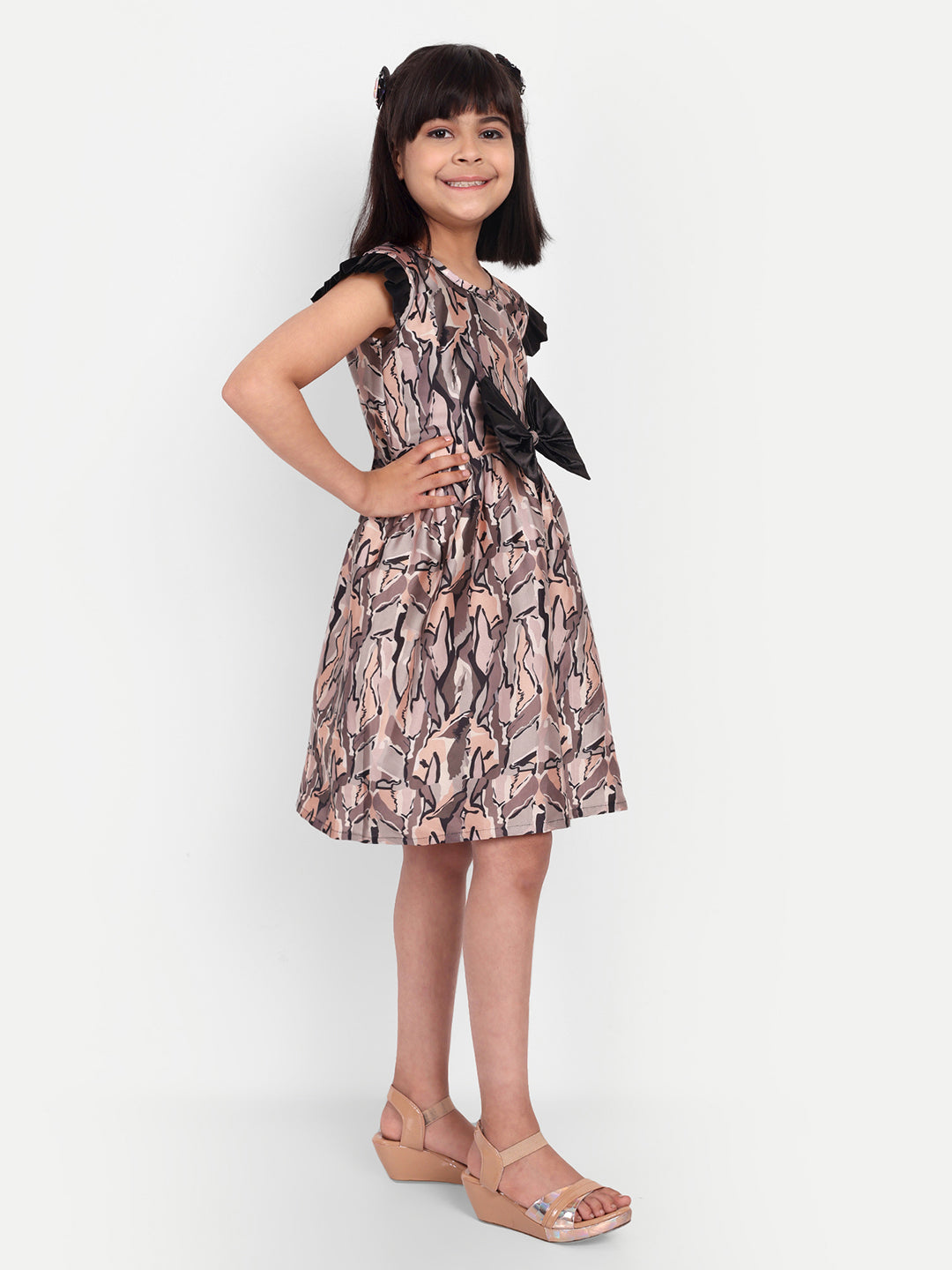 Girls Beige & Black Abstract Print Party Dress with Statement Bow