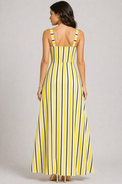 Chic Yellow Striped Maxi Dress with High Slit