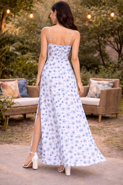 Women’s White & Blue Printed Maxi Dress with Side Slit