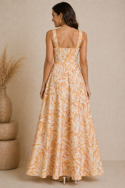 Elegant Peach Tropical Print Maxi Dress with High Slit