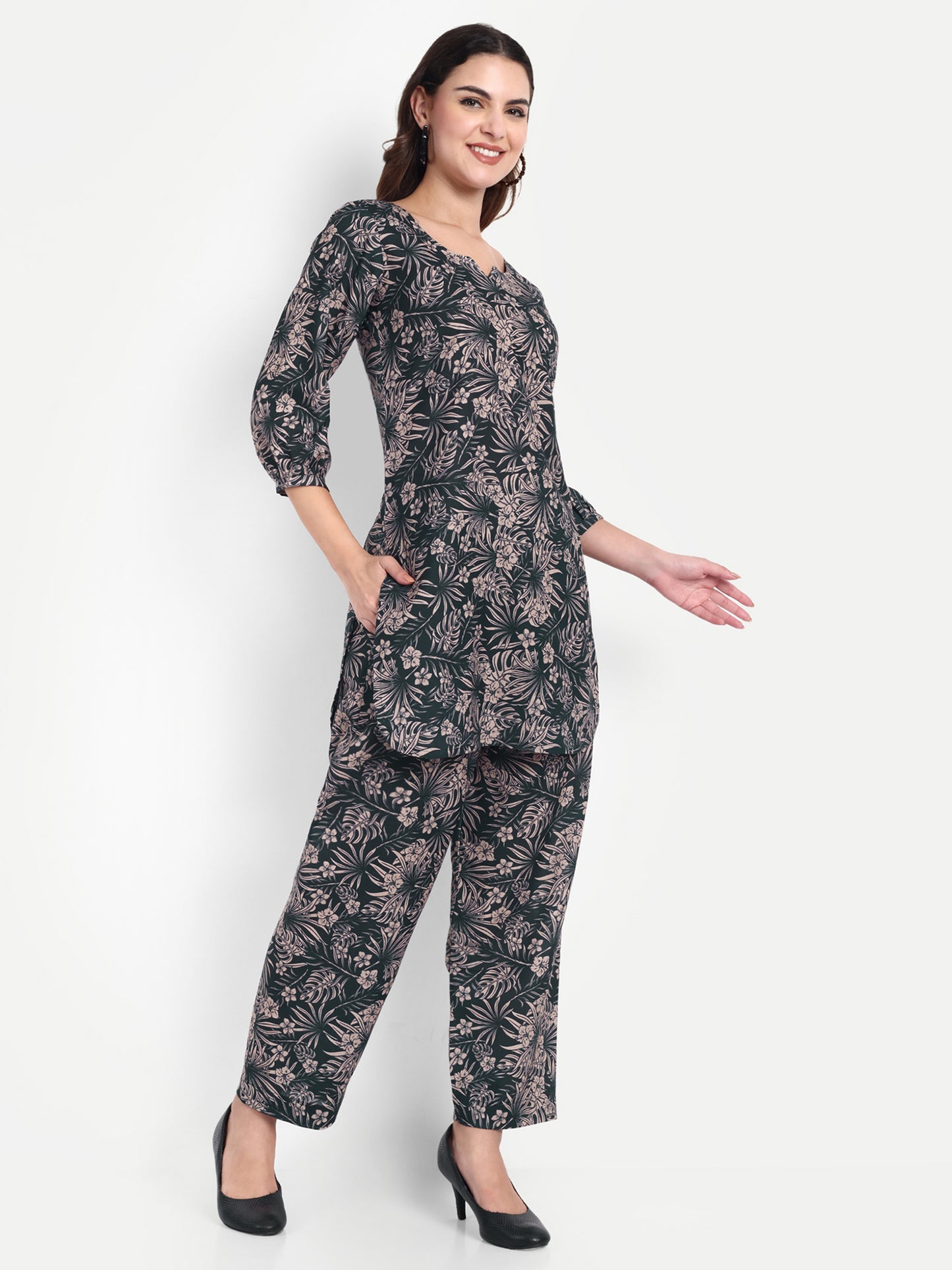 Elegant Women Co-ord Set – Stylish Matching Top & Bottom Outfit for Casual & Party Wear dark forest green