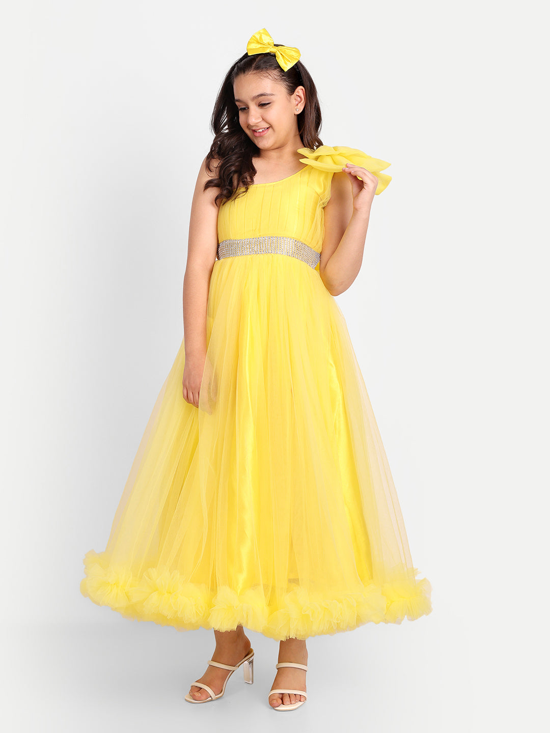 Sunny Yellow One-Shoulder Princess Gown for Girls with Net Flare